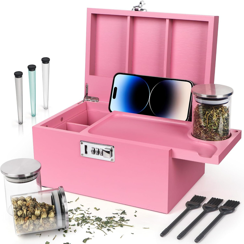 Large Pink Bamboo Box with Combination Lock, Decorative Storage Box with Detacha