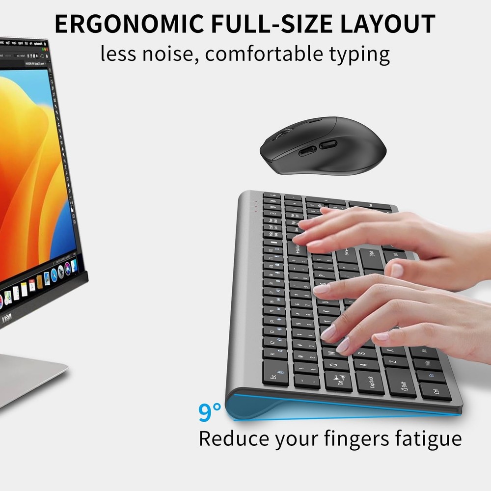 Wireless Keyboard And Mouse Combo FullSize Slim Numeric Keypad Ergonomic