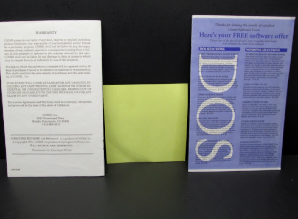 SureFire Resume User Guide / Instruction Manual, Cosmi Software, 1993, No Box