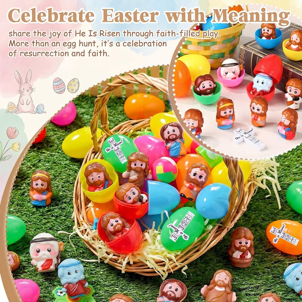 36 Sets Easter Eggs with Little Jesus Squeeze Figures He Is Risen Scripture C...