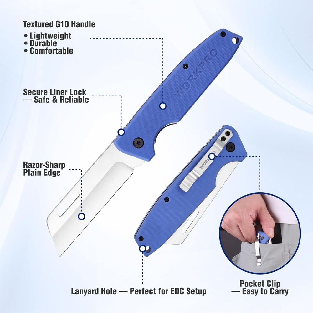 WORKPRO Electrician & Folding Pocket Knife with Stainless Plain Edge G10 Handle
