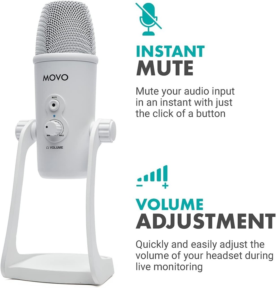 Movo UM700W White Desktop USB Microphone for Computer , 4 Pickup Patterns