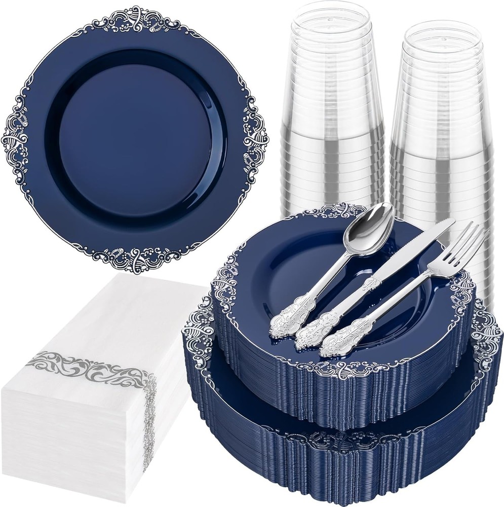 175pcs Blue & Silver Plastic Plates Elegant Disposable Dinnerware Set Suitable