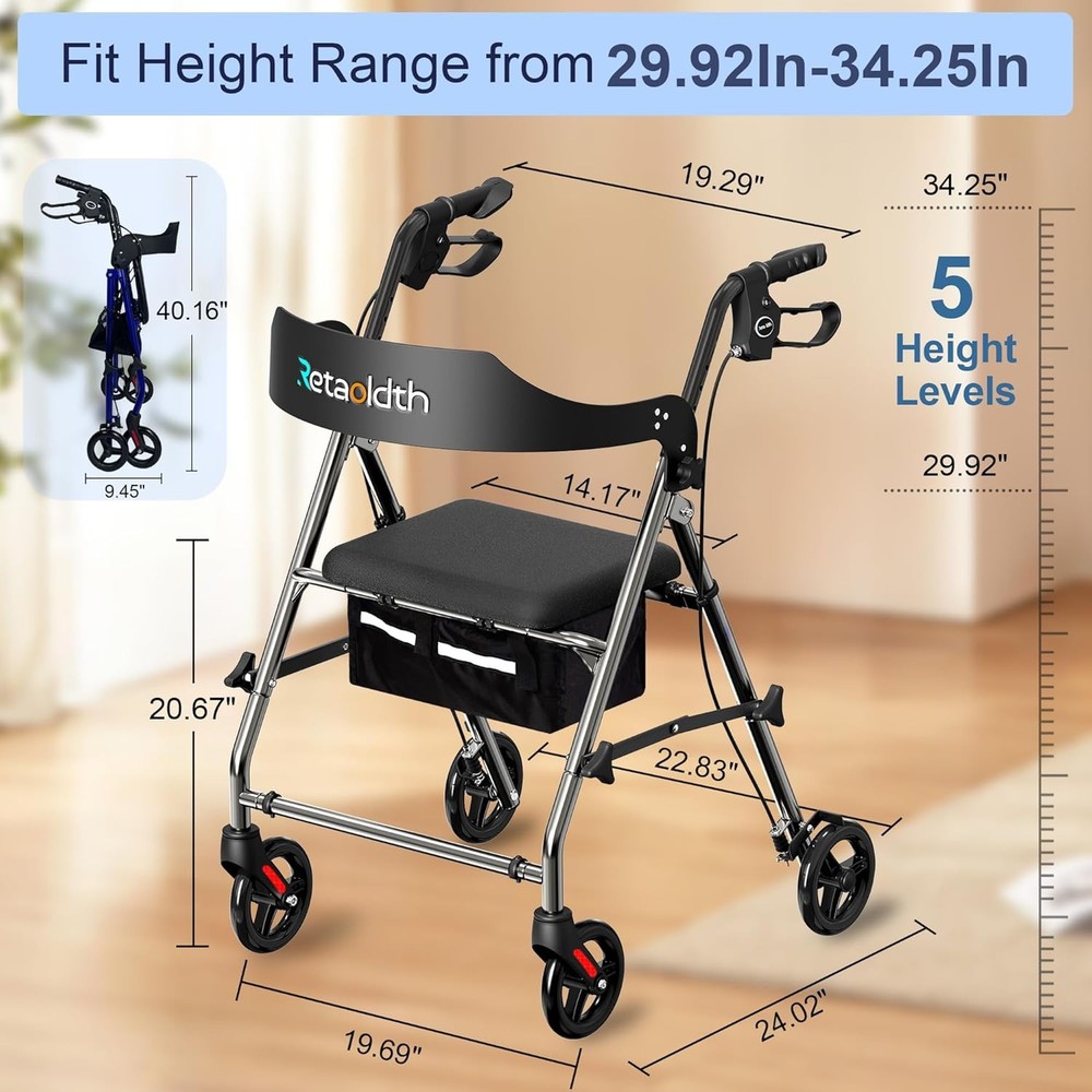 Seniors Rollator Walker with Seat, Easy Folding, Height Adjustable All-Terrain