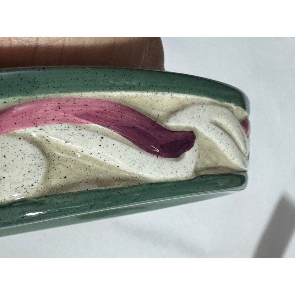 vintage studio art pottery soap dish green white
