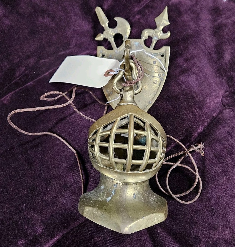 RARE Vintage Lighted Solid Brass Medieval Knight Helmet & Shield Wall Sconce