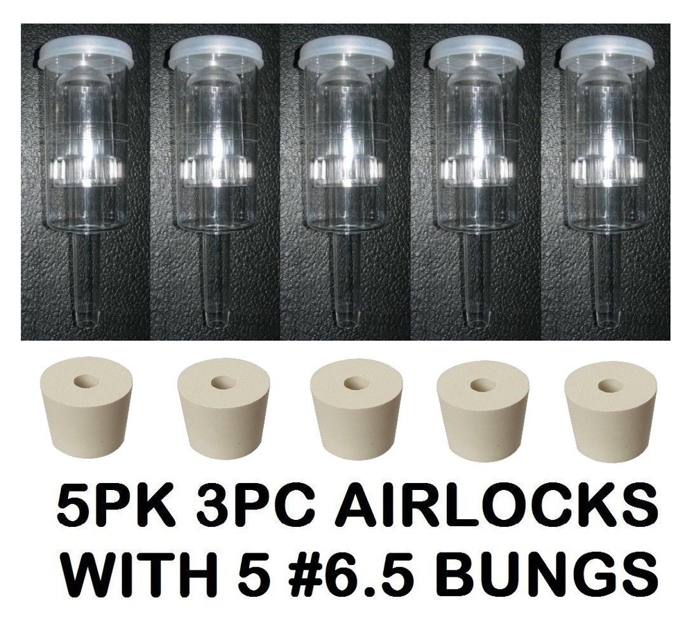 AIRLOCKS 5 3PC +6.5 RUBBER BUNGS TOP QUALITY FERMENTATION AIR LOCK FOR BEER WINE
