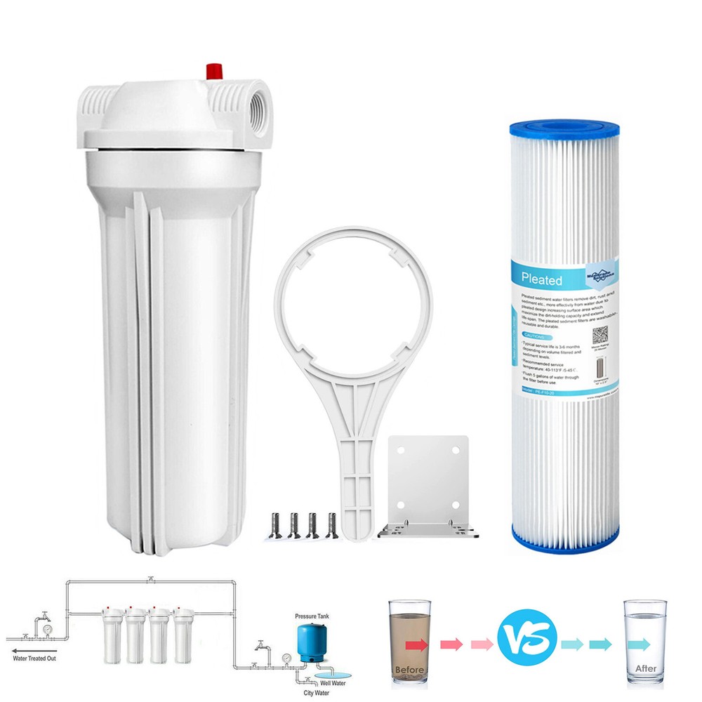 Whole House Water Filter Housing 2.5x10" Pleated Sediment Filtration for Home RV