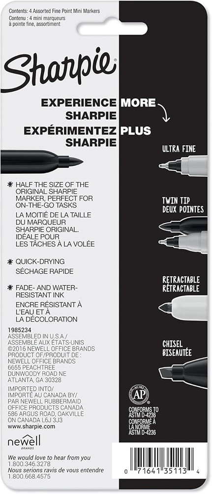 Sharpie Mini Permanent Markers, Fine Point, Assorted Colors, 4 Count