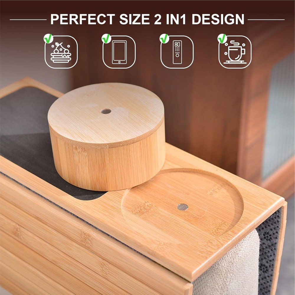 MAGIC BAMBOO Couch Cup Holder Tray, Bamboo Sofa Armrest Tray with Detachable Cup