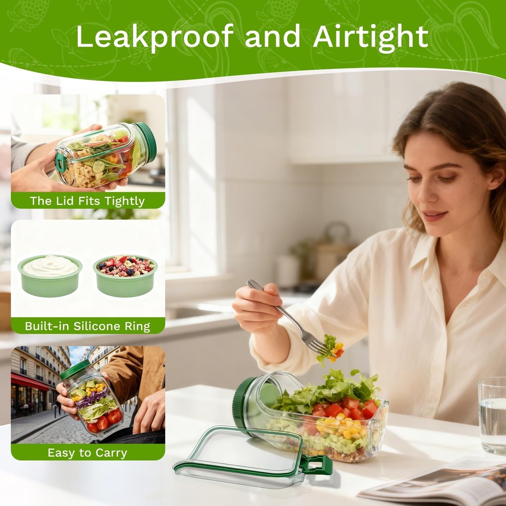 Salad Container with Side Opening, Leak-Resistant Design with Dressing Cup & ...