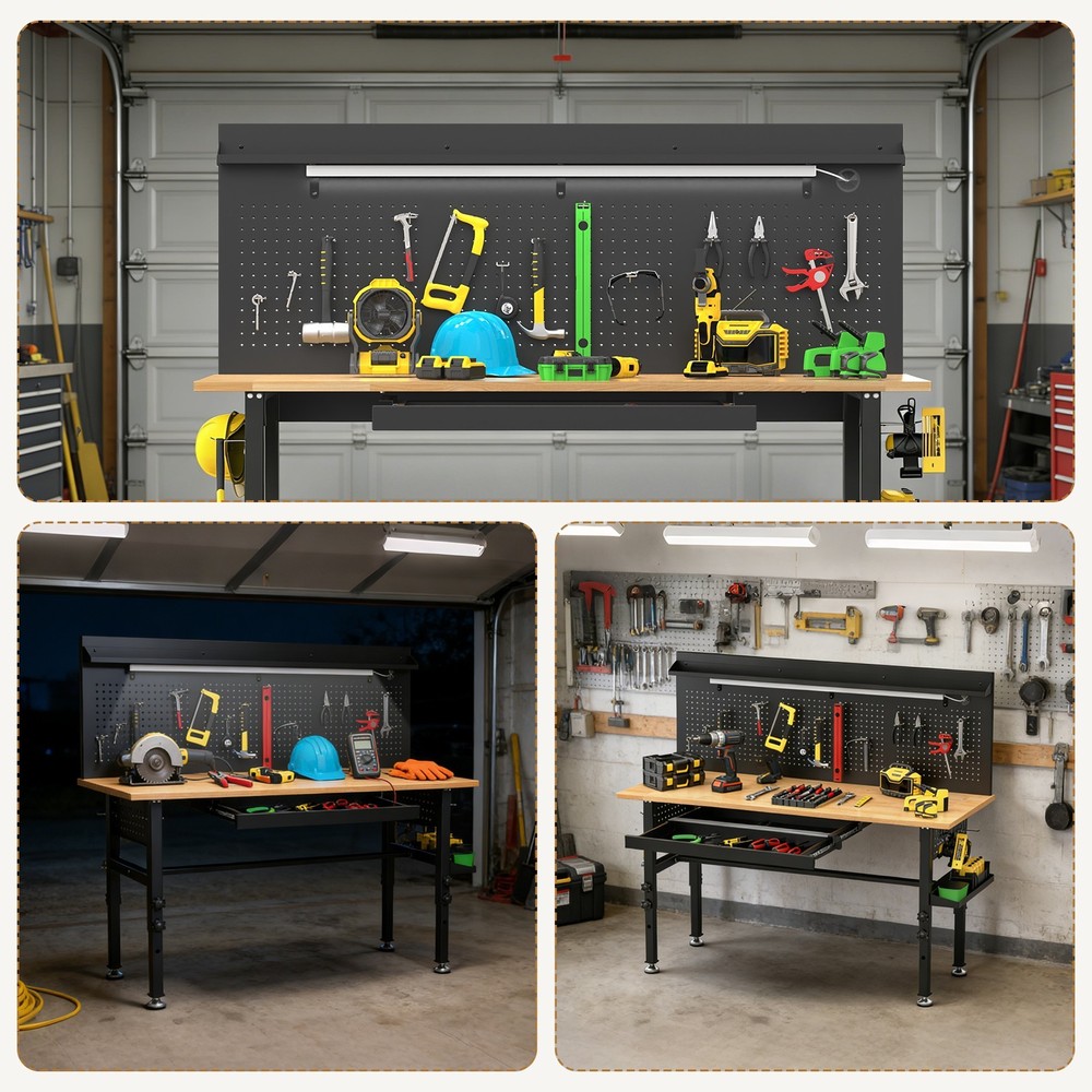 Solid Wood 60" Workbench 2000lb LED Power Height Adjustable Wheels