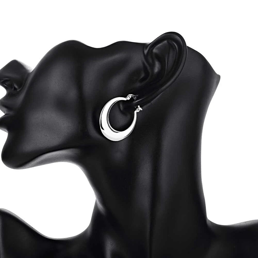 Womens 925 Sterling Solid Silver Elegant Round Pierced Hoop Earrings