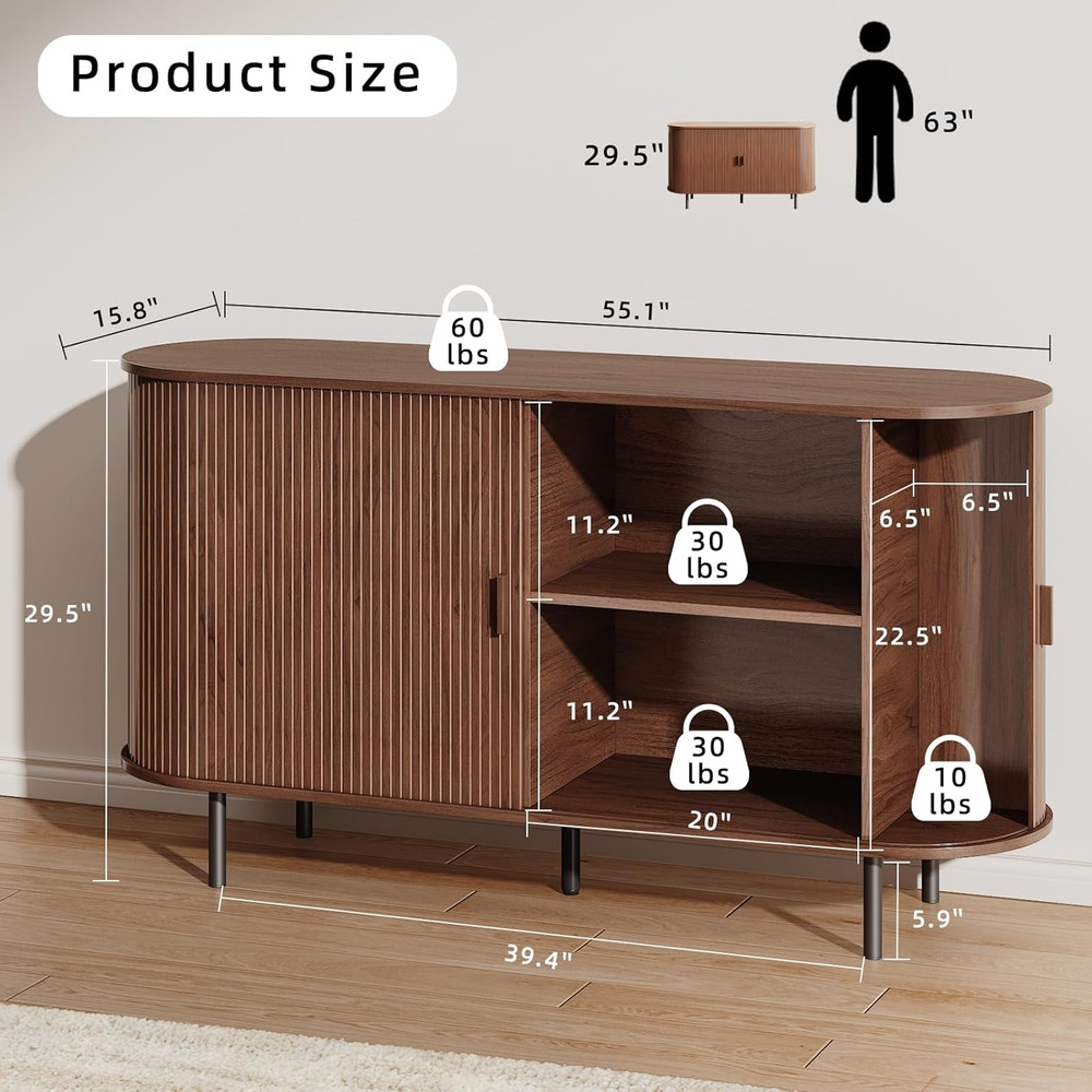 Modern 55" Walnut Buffet Sideboard with Sliding Door & Adjustable Shelf