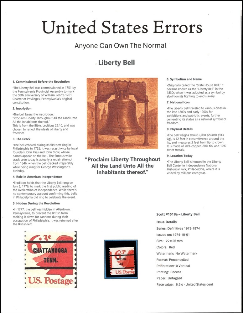 Perfectly Flawed SN 1518a MNH  - Misperf on Custom Presentation Panel 8.5” X 11”