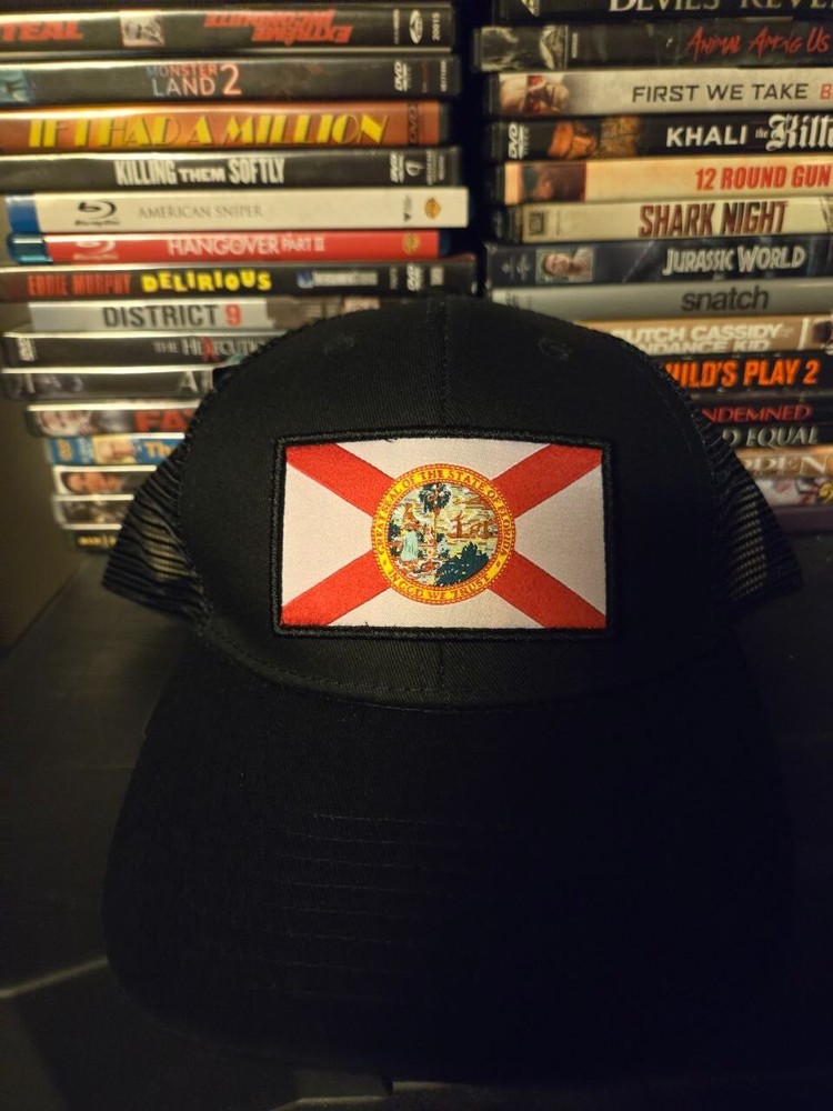 Florida State Flag Hat Adjustable Trucker Cap, Baseball, Snapback (All Black)