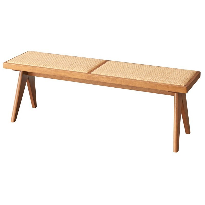 Valentina Modern Rattan Solid Wood Dining Bench Light Walnut