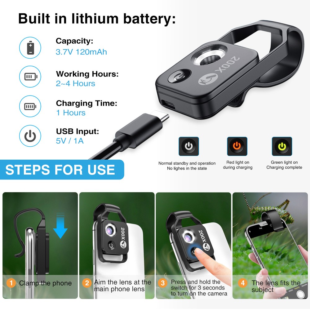 200X Microscope With CPL Lens Led Light Micro for iPhone Android Cell Phone US