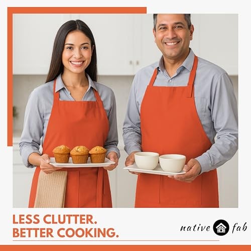 Kitchen Apron 2 Pack - 100% Cotton Adjustable, Durable Apron with Orange