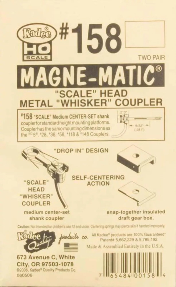 Kadee (HO-Scale) #158 - Whisker Scale Self-Centering Knuckle Coupler (2 Pair)