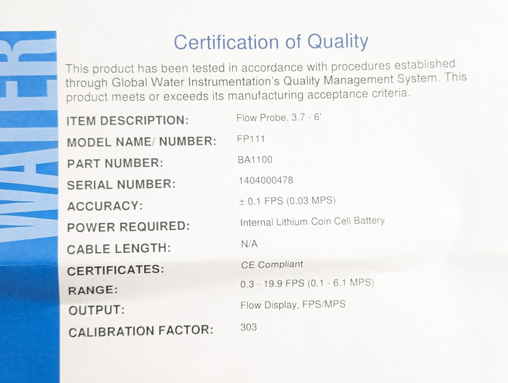 GLOBAL WATER FP111 Flow Probe, 3.7 to 6 ft Extendable Handle BA1100