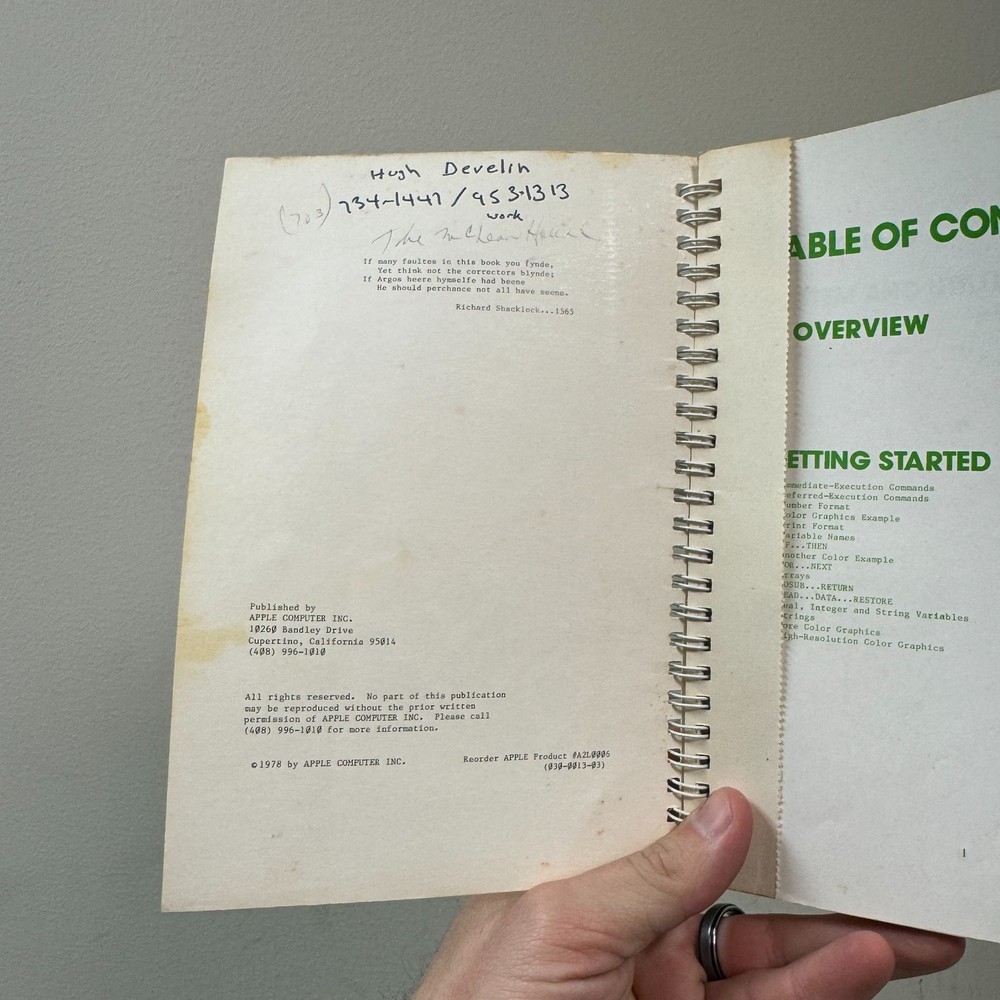 VTG 1978 Apple II Applesoft Basic Programming Reference Manual Computer Inc