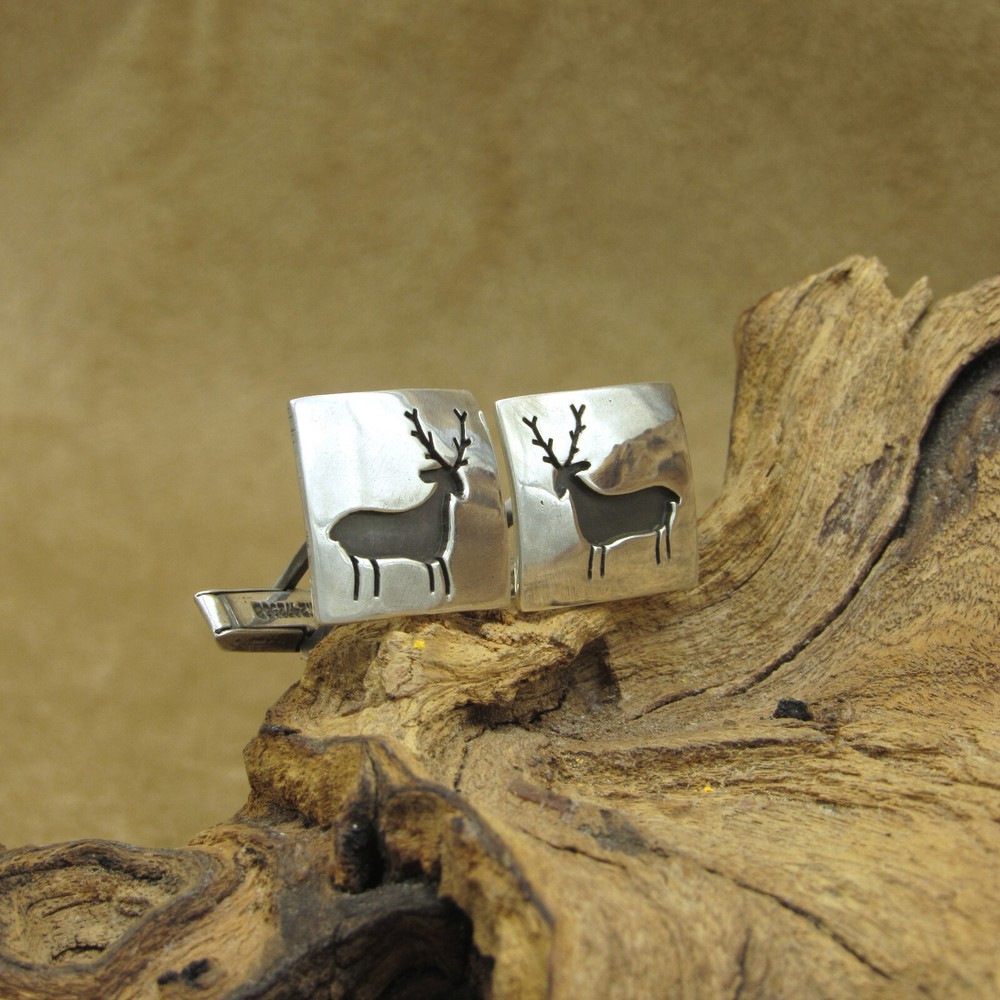 Sterling Silver Deer with Antlers Rectangular Cuff Links