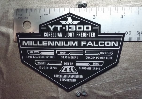 CUSTOM MILLENNIUM FALCON SPECIFICATIONS DATA PLATE PROP STAR WARS SHIP
