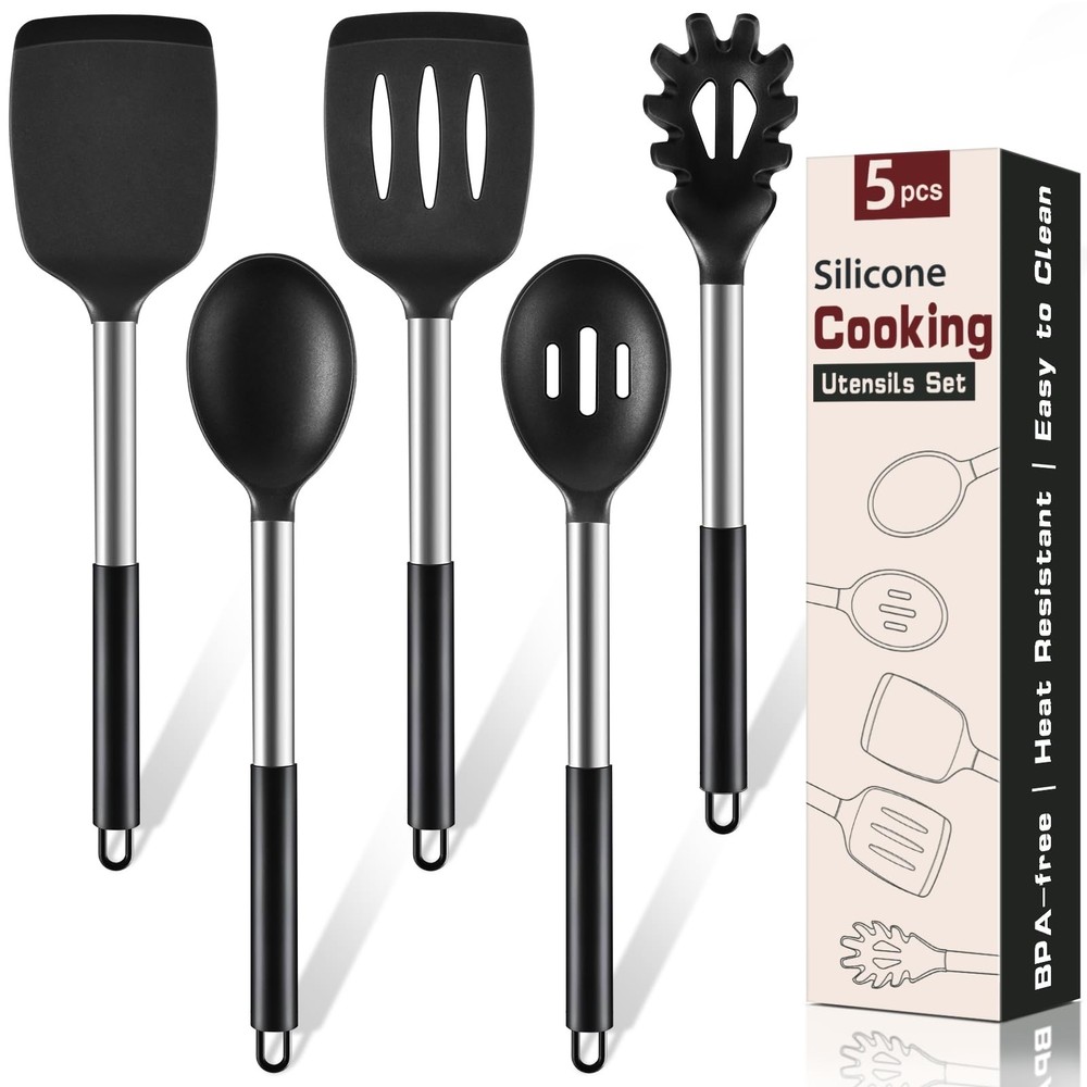 5Pcs Silicone Cooking Utensils Set, Heat Resistant Kitchen Tools Include Soli...