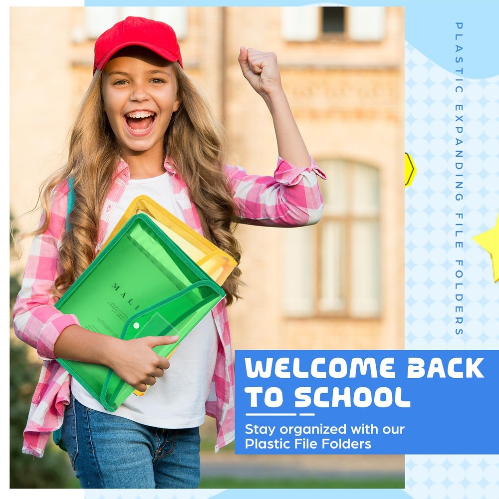 4 Pack A4 Expanding Plastic File Folders Waterproof Document Organizer with S...