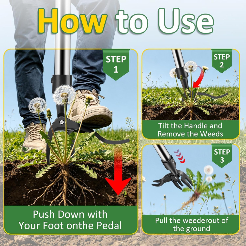 Weed Puller Tool - Adjustable Upright Weeder, 4 Claw Long-Handled Weeding Tool,