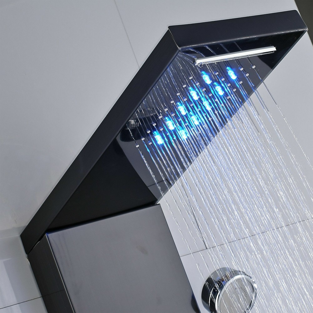 Black Shower Panel Tower System LED Rain&Waterfall Head Combo Massage Jets Mixer