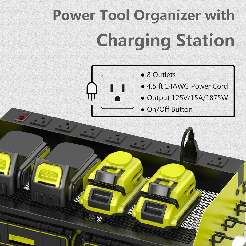 Wall Mount Drill Storage Rack with Charging Station Power Tool Organizer Drill