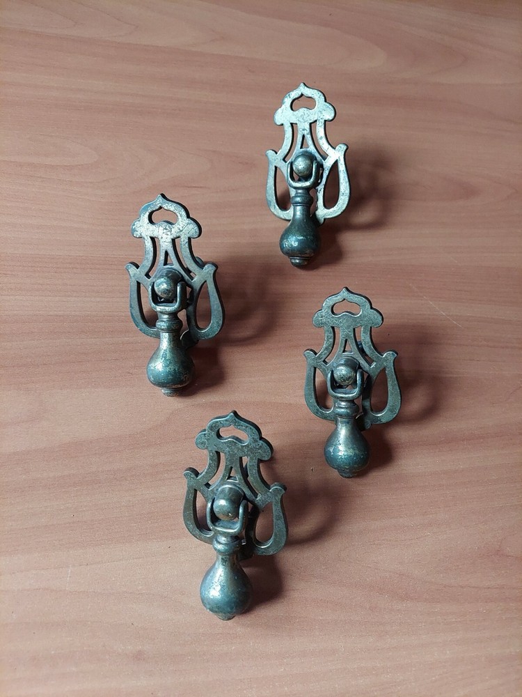 4 VINTAGE CAST METAL DROP HANDLE DRAWER PULLS WITH HARDWARE