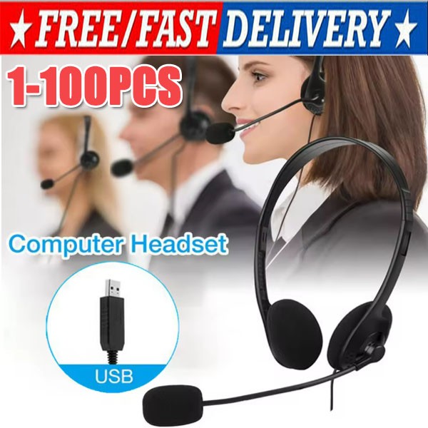 USB Headset Headphone  Microphone Noise Cancelling For PC Computer Call Chat LOT