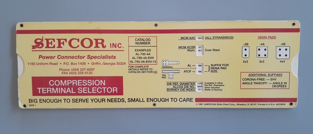 Vintage Paperboard SEFCOR COMPRESSION TERMINAL SELECTOR -Electrical Engineering