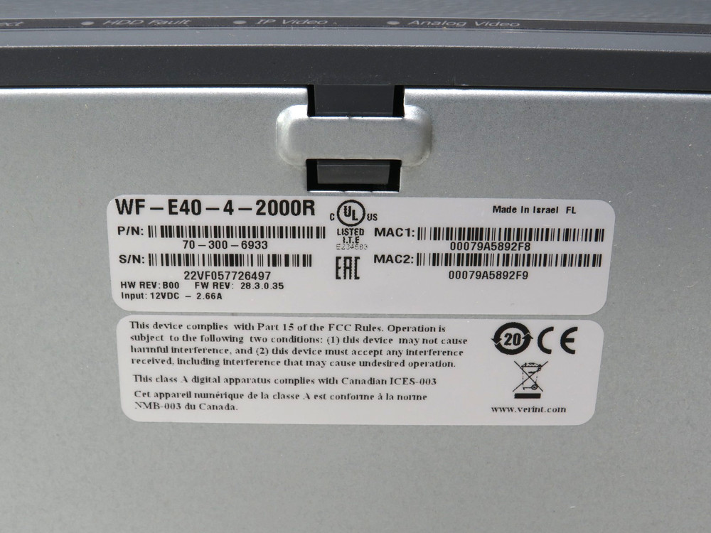 Verint WF-E40-4-2000R 4 Input Analog/IP Network Video Recorder [CTD]