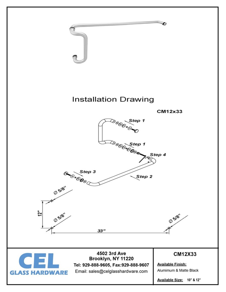 CEL Round Solid Aluminum Storefront Door Pull Handle and Push Bar Set - 12"X33"