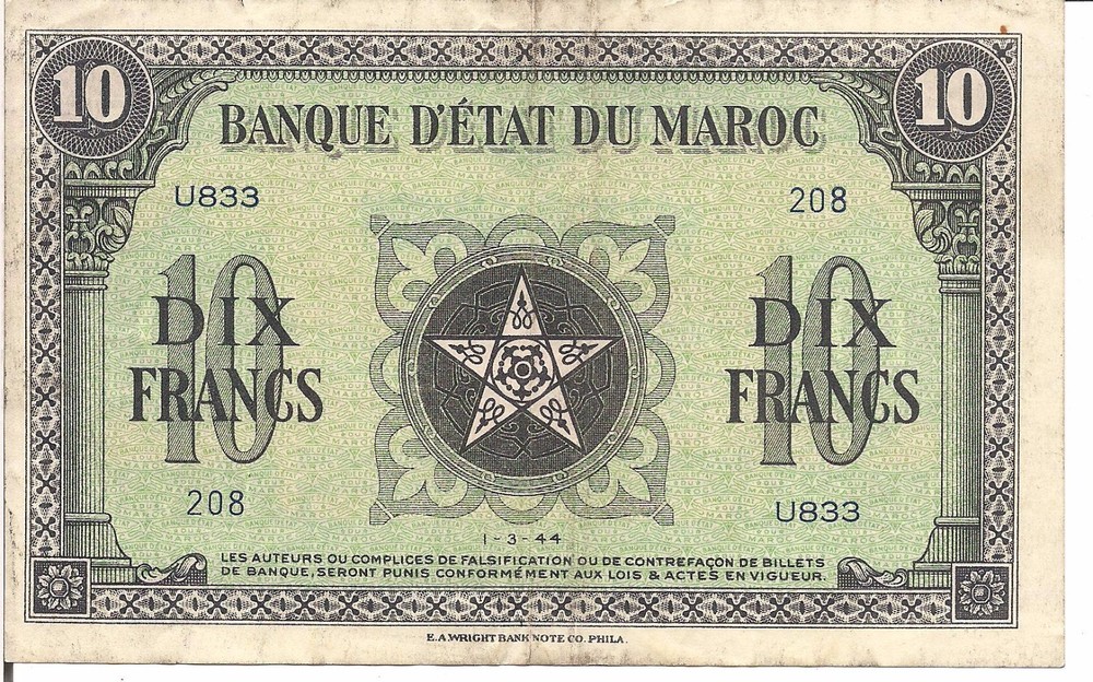 MOROCCO, 10 FRANCS, P#25a, 1944