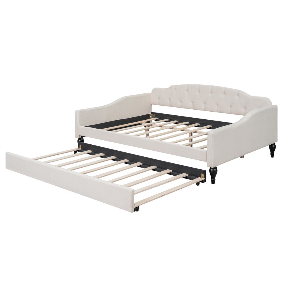 Full Size Daybed with Pull-Out Trundle Bed Upholstered Bed Frame Sofa Bed Beige