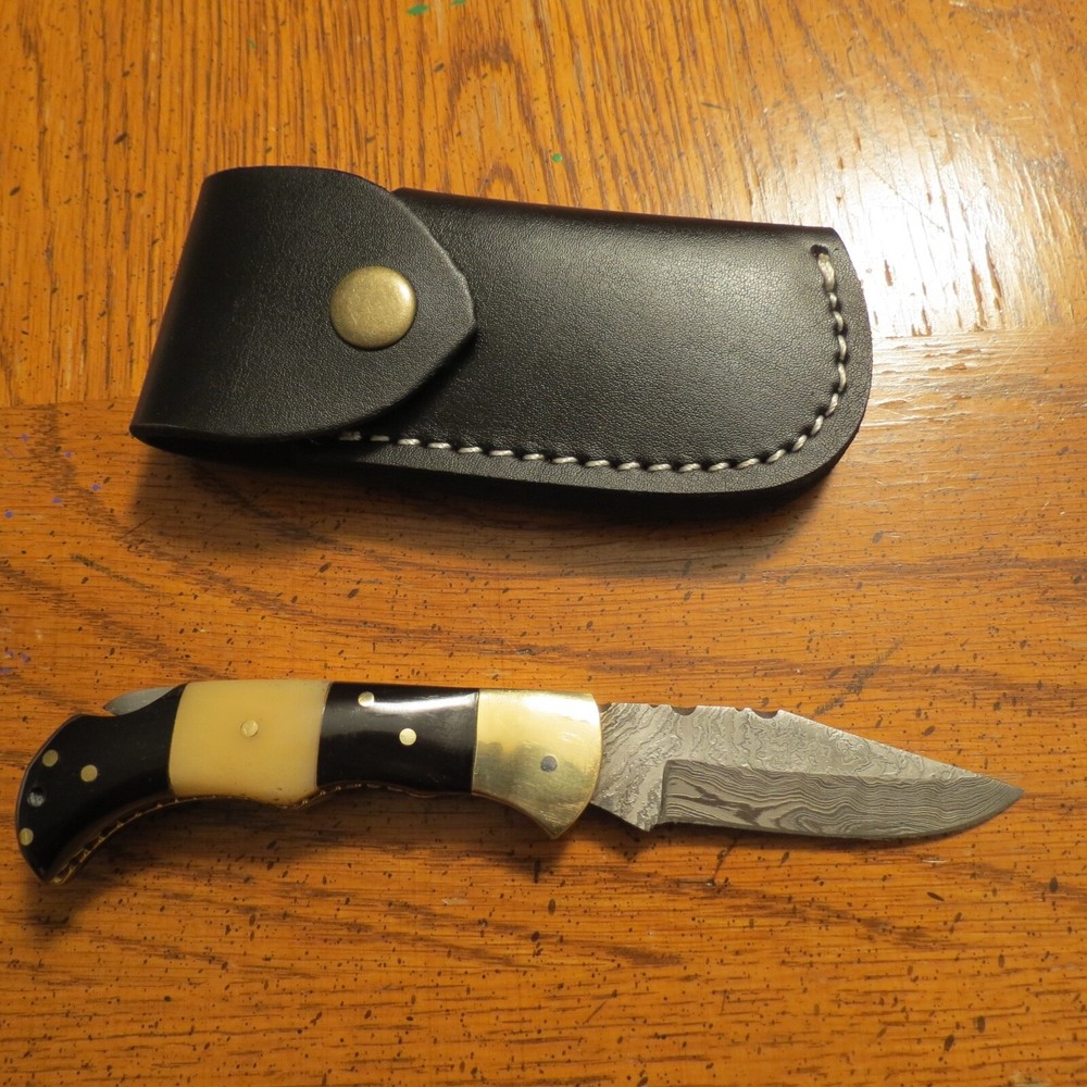 Damascus folding blade knife w/ two tone bone handle & leather sheath hand made