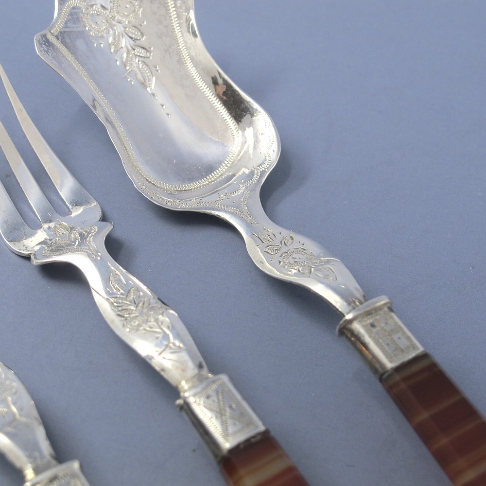 Dutch .835 Silver 3-Piece Agate Handled Serving Set 2 Forks & Server No Monogram