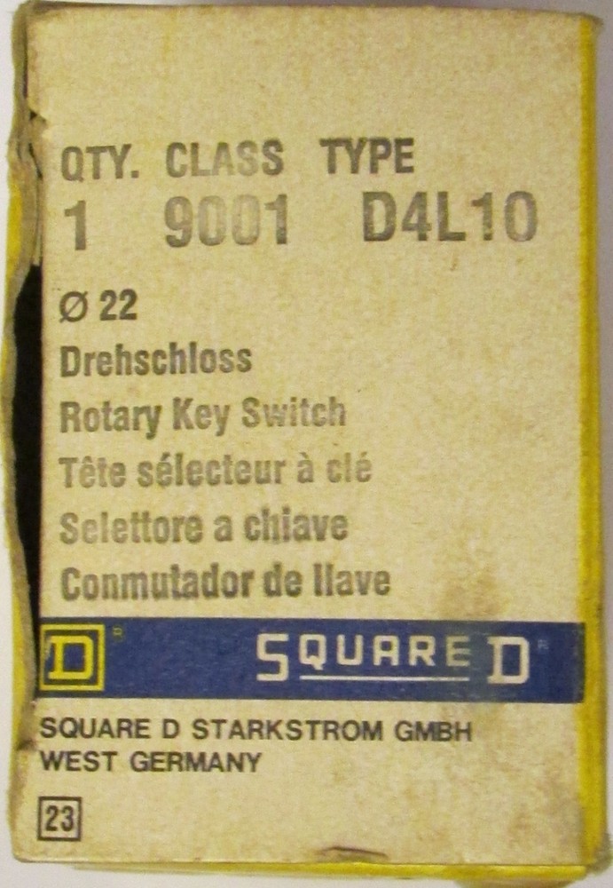 SQUARE D 2 Position Maintained Keyed Selector Switch 9001 D4L10