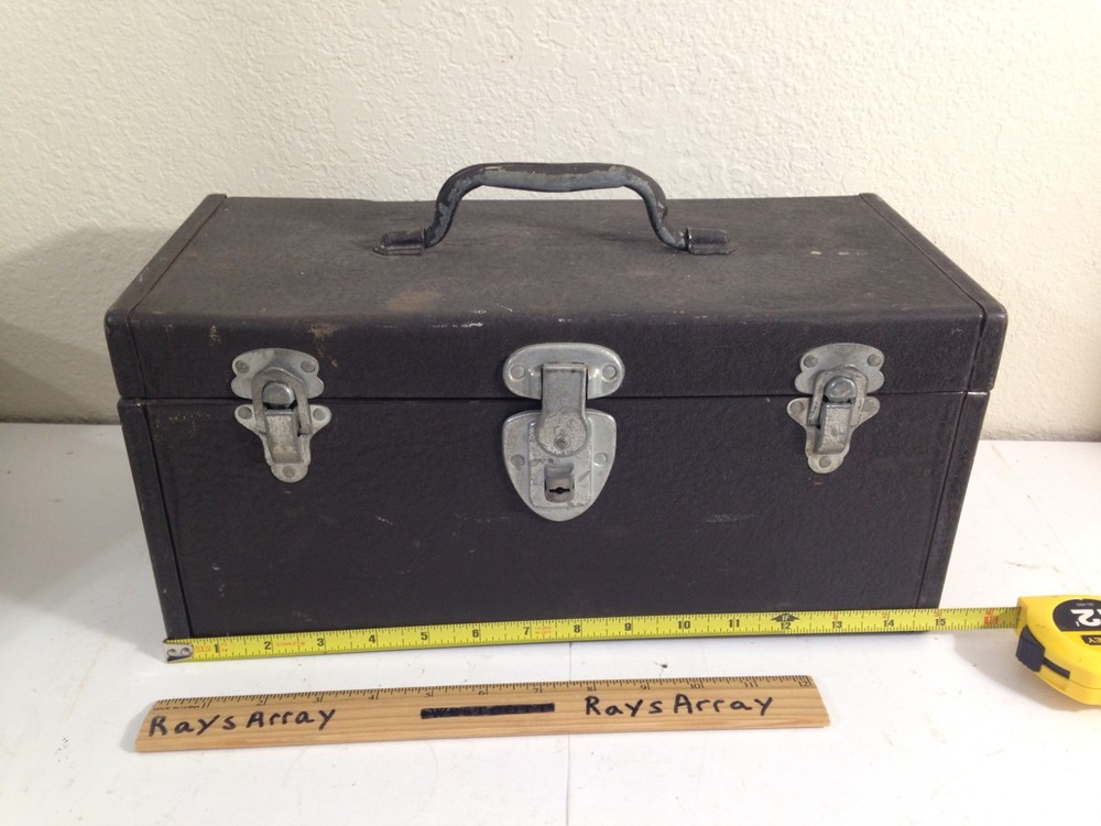 Vtg General Purpose triple Latch Tool Box medium unique size hammered gray brown