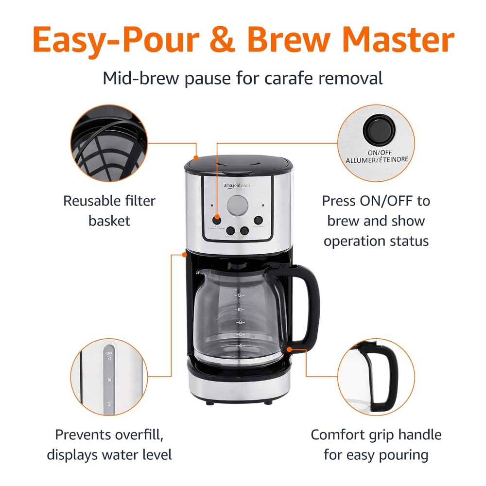 Amazon Basics Programmable Coffeemaker with Carafe and Reusable Filter, Stainles