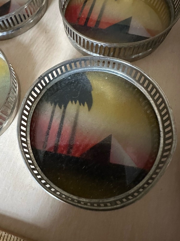 6 Vtg Reverse Glass & Silverplate Coasters Egypt Pyramid Art Deco Pattern Japan