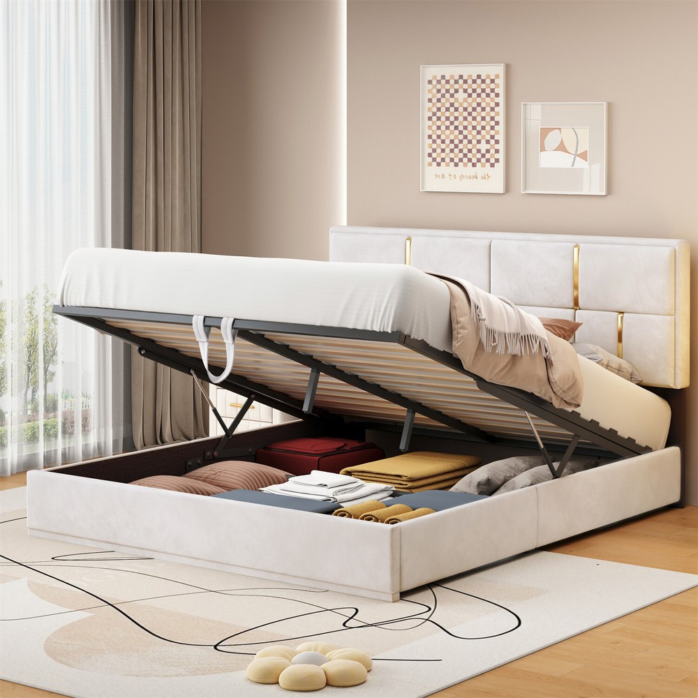 Queen Size Upholstered Platform Bed Frame with Hydraulic Storage System