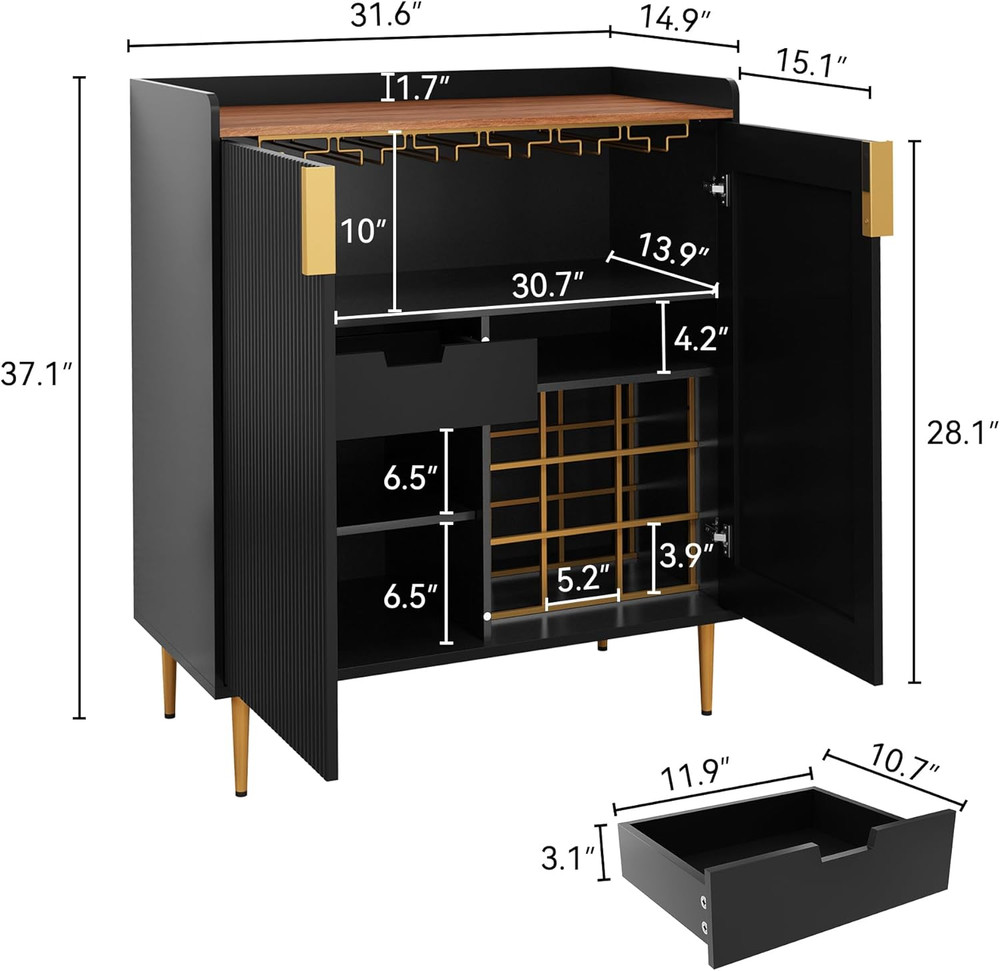 Modern Fluted Sideboard Buffet Cabinet with Wine Rack & Drawers, Black