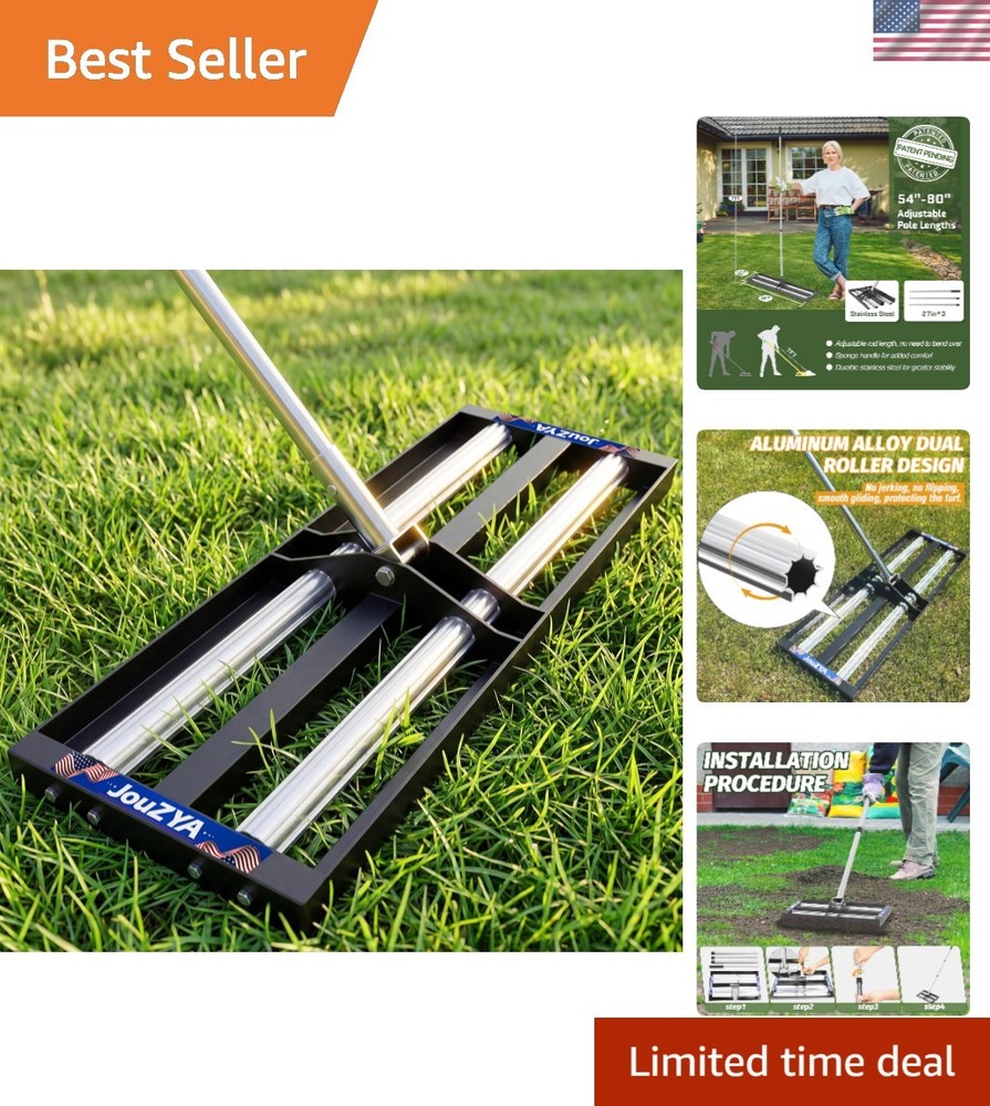 Heavy-Duty Lawn Leveler Rake 17”x10”, Aluminum Rollers, Adjustable Length