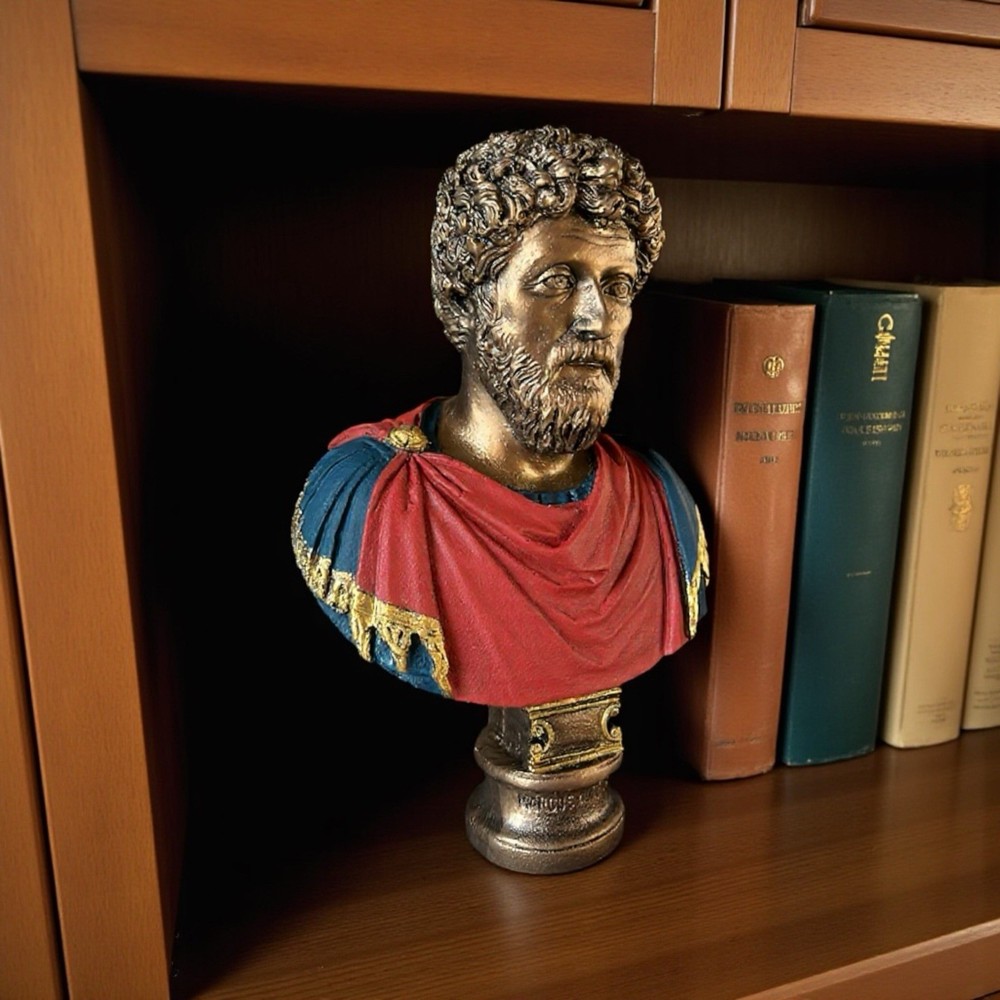 Handpaint Marcus Aurelius Bust, Handmade Marble Statue 25cm With Pedestal